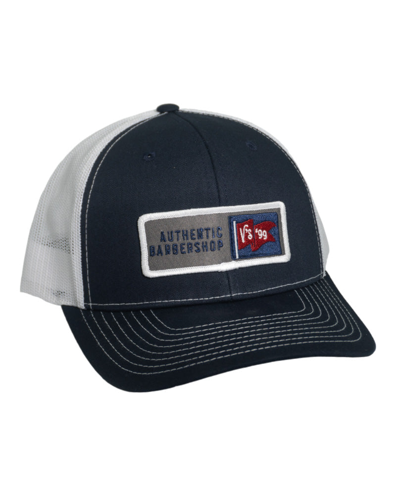 V's BARBERSHOP FLAG TRUCKER HAT - NAVY/WHITE