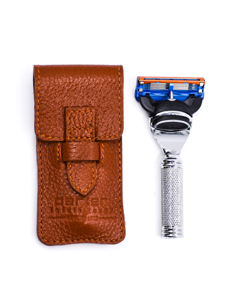 PARKER SHAVING FUSION COMPATIBLE TRAVEL RAZOR W/ LEATHER CASE