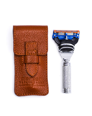 PARKER SHAVING FUSION COMPATIBLE TRAVEL RAZOR W/ LEATHER CASE