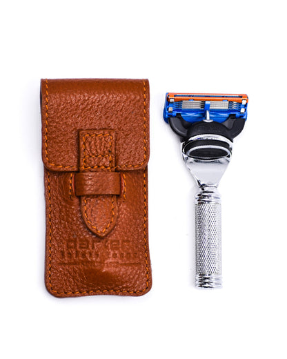 PARKER SHAVING FUSION COMPATIBLE TRAVEL RAZOR W/ LEATHER CASE