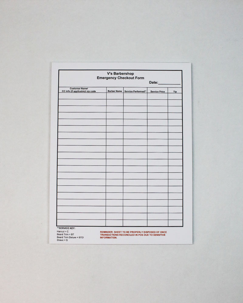 V's Barbershop Emergency Checkout Form Pad
