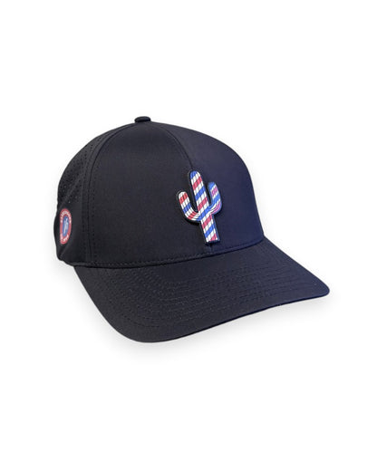 V's Barbershop black performance curved brim hat featuring a red, white, and blue barber pole cactus patch.