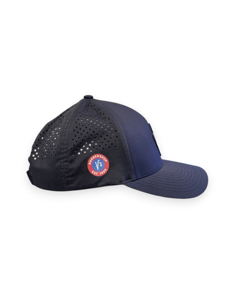 V's Barbershop black performance curved brim hat with side ventilation and branded circular patch
