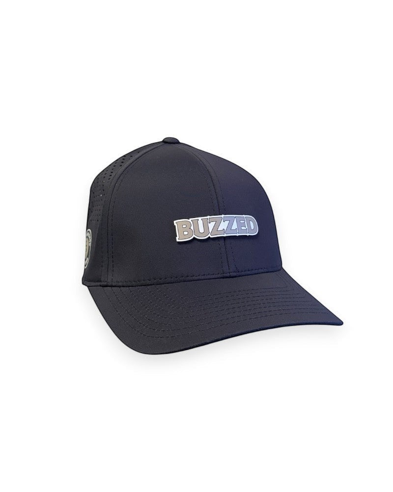 V's Barbershop black performance curved brim hat with BUZZED patch and perforated side panels.