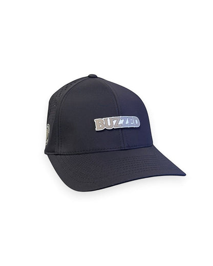 V's Barbershop black performance curved brim hat with BUZZED patch and perforated side panels.