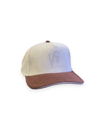 V's Barbershop beige and rust corduroy 5-panel hat with embroidered logo on the front