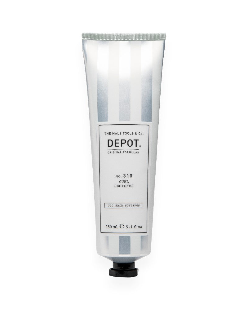 V's Barbershop DEPOT No. 310 Curl Designer hair styling cream in a white and silver striped 150ml squeeze tube.