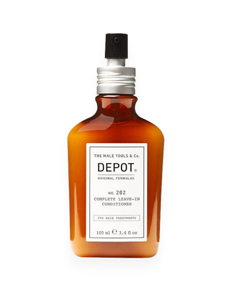 V's Barbershop DEPOT No. 202 Complete Leave-In Conditioner in a 100ml amber spray bottle for men's hair care.