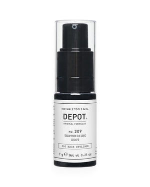 V's Barbershop DEPOT No. 309 Texturizing Dust hair styling powder in a black pump bottle with a clear cap.