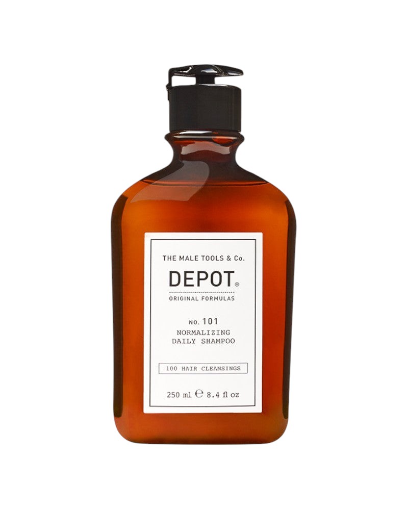 V's Barbershop DEPOT No. 101 Normalizing Daily Shampoo in an amber bottle with a black pump dispenser.