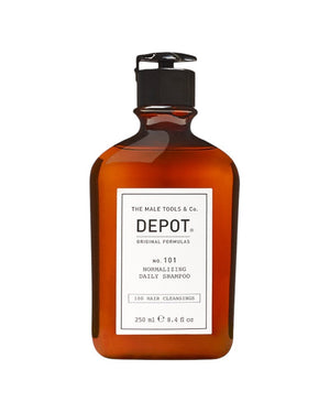V's Barbershop DEPOT No. 101 Normalizing Daily Shampoo in an amber bottle with a black pump dispenser.