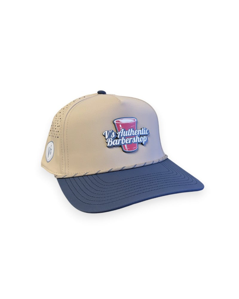 V's Barbershop desert and blue curved brim performance rope hat with a red solo cup logo patch