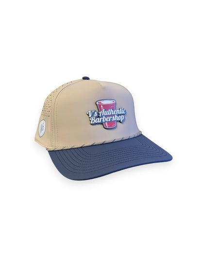V's Barbershop desert and blue curved brim performance rope hat with a red solo cup logo patch