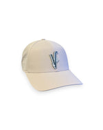 V's Barbershop desert tan performance curved brim hat with a custom V logo patch and perforated side panels.