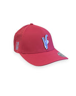 V's Barbershop red performance curved brim hat with blue V logo and 1999 side detail