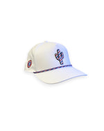 V's Barbershop white 5-panel rope hat featuring a red, white, and blue striped cactus patch and side logo.