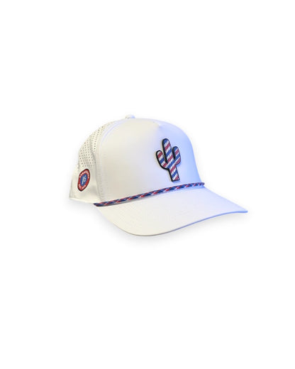 V's Barbershop white 5-panel rope hat featuring a red, white, and blue striped cactus patch and side logo.
