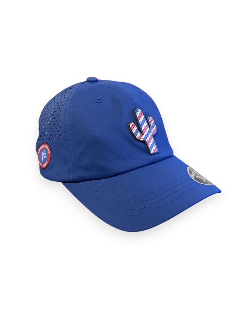 V's Barbershop blue performance dad hat featuring a red, white, and blue striped cactus patch and side logo.