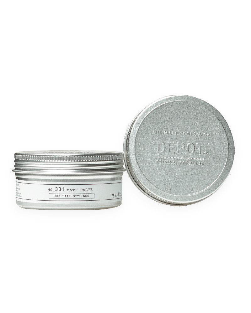 V's Barbershop DEPOT NO. 301 Matt Paste in a silver metal tin for men's hair styling with a matte finish.
