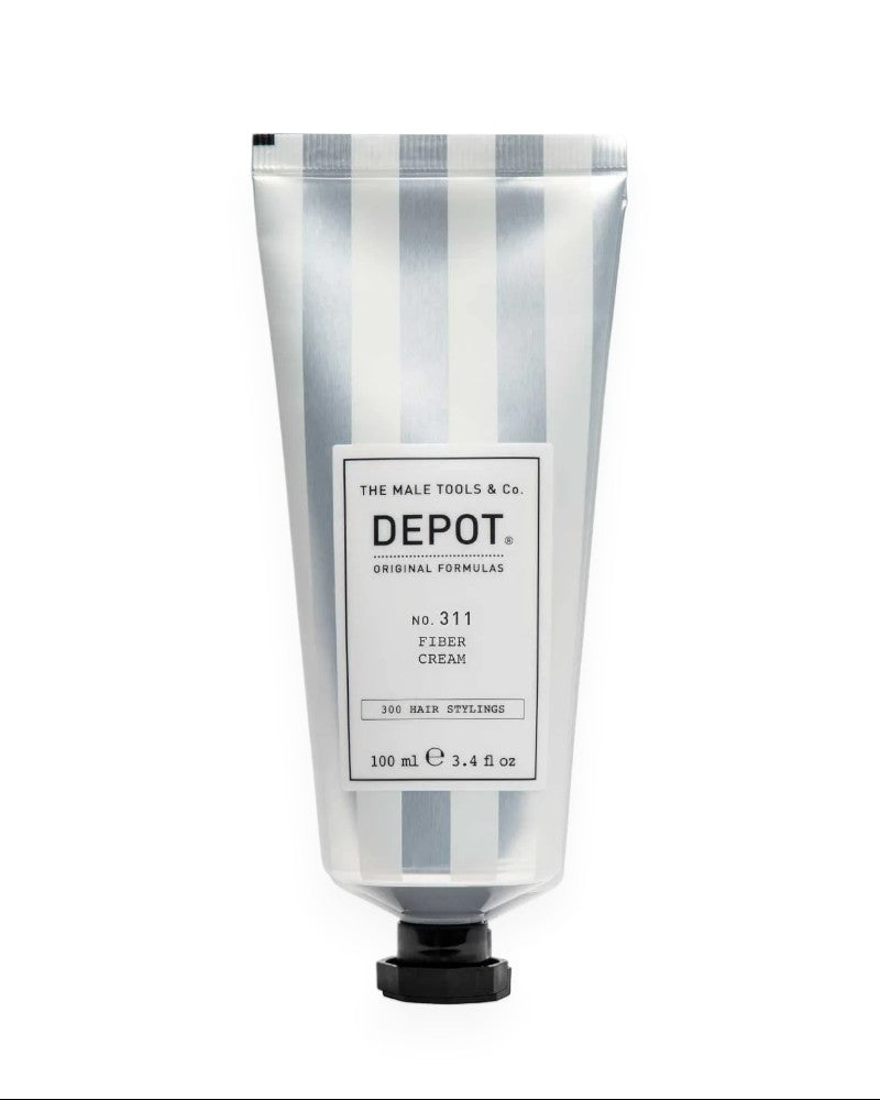 V's Barbershop DEPOT NO. 311 Fiber Cream in a 100ml silver and white striped squeeze tube for hair styling.