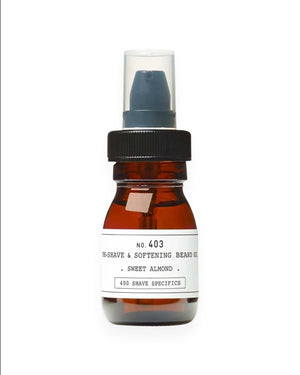 V's Barbershop DEPOT NO. 403 sweet almond pre-shave and softening beard oil in a brown glass pump bottle.