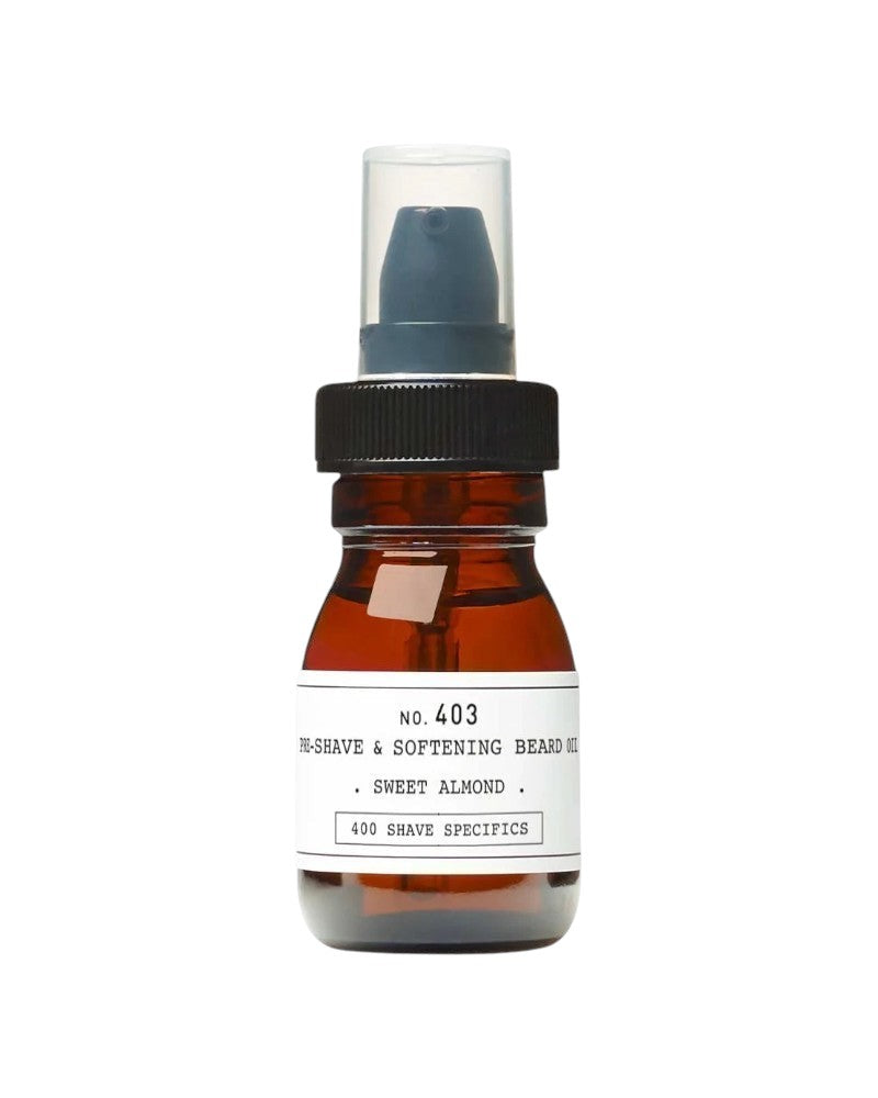 V's Barbershop DEPOT NO. 403 sweet almond pre-shave and softening beard oil in a brown glass pump bottle.