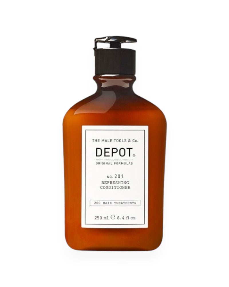 V's Barbershop DEPOT No. 201 Refreshing Conditioner in a 250ml amber bottle with a black pump dispenser.