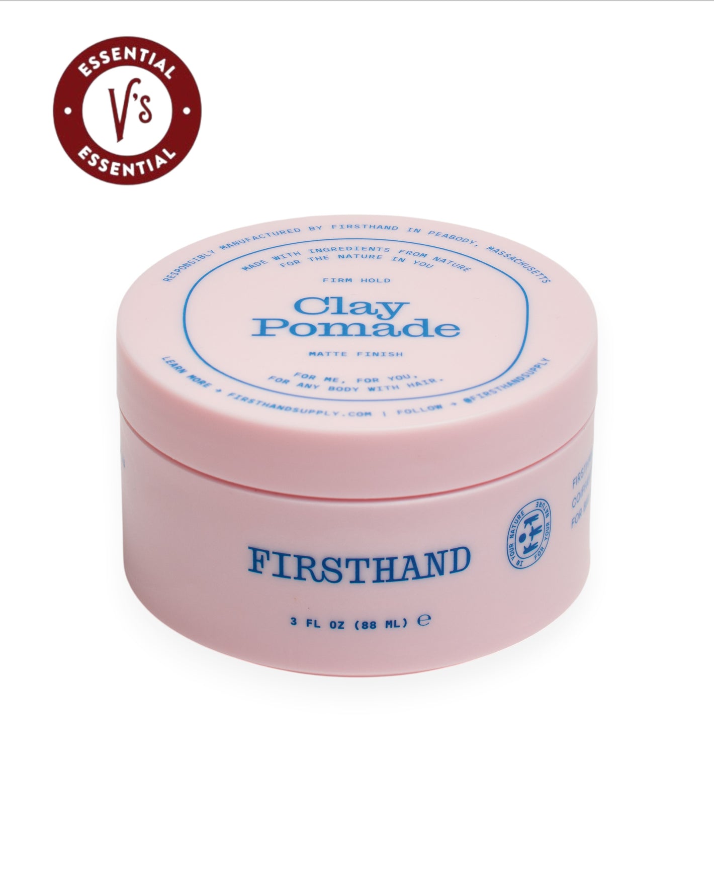 V's Barbershop FIRSTHAND Clay Pomade in a 3 oz pink puck with blue text, offering a firm hold and matte finish.