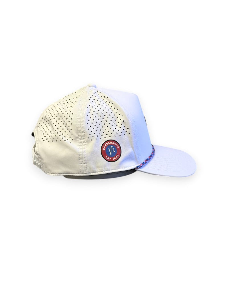 V's Barbershop white 5-panel rope hat with perforated side panels and a circular logo patch on the side.