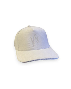 V's Barbershop beige corduroy 5-panel curved brim hat with embroidered V's logo on the front.
