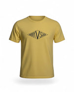 V's Barbershop butter yellow cotton t-shirt with black diamond logo graphic.