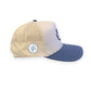 V's Barbershop desert tan and blue curved brim performance hat with laser-cut ventilation and rope detail.