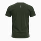 V's Barbershop hemp green cotton t-shirt with small barber pole logo on back.