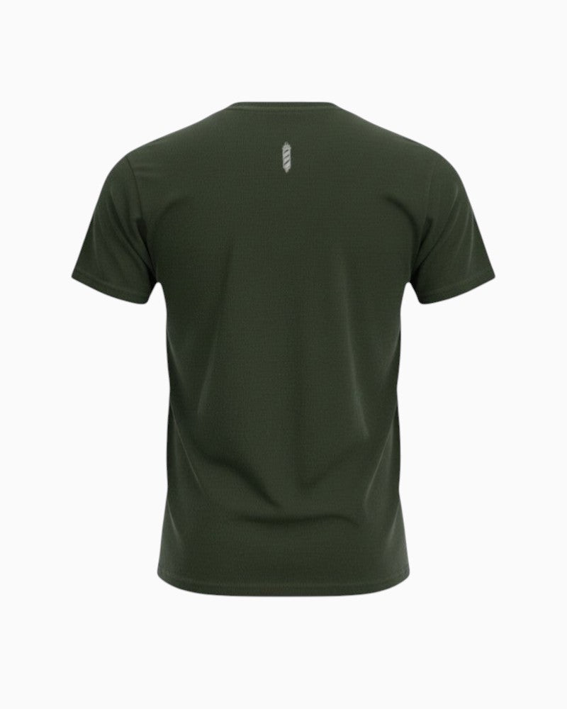 V's Barbershop hemp green cotton t-shirt with small barber pole logo on back.