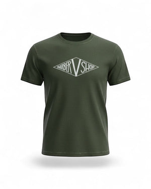 V's Barbershop hemp green cotton t-shirt with diamond logo graphic on chest.