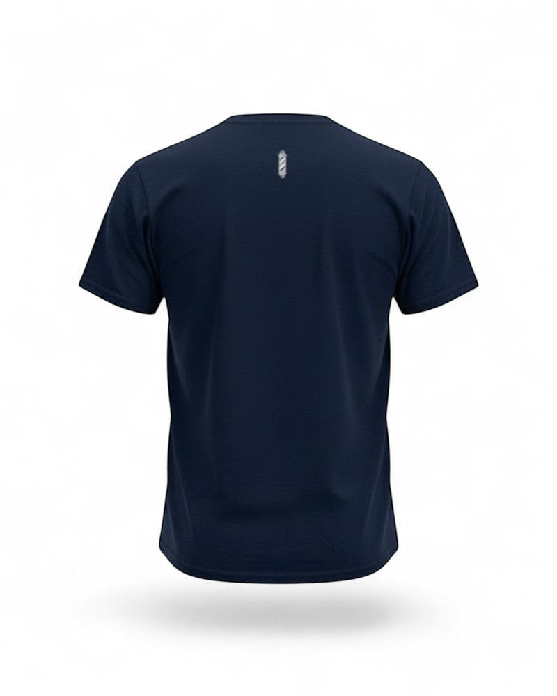 V's Barbershop navy blue cotton t-shirt with a small white barber pole logo on the back.