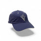 V's Barbershop navy blue cotton dad hat with embroidered V-man logo on front and #VBARBERSHOP on back. One size fits all.