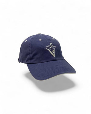 V's Barbershop navy blue cotton dad hat with embroidered V-man logo on front and #VBARBERSHOP on back. One size fits all.