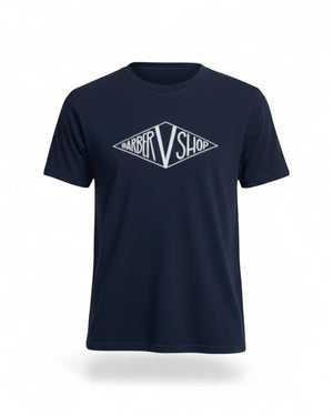 V's Barbershop navy blue cotton t-shirt with white diamond logo graphic on chest.