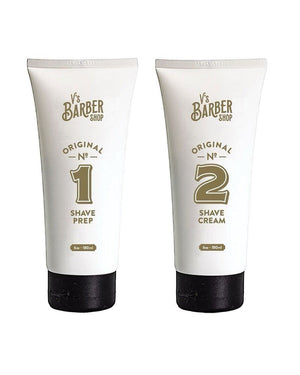 V's Barbershop Perfect Shave Bundle featuring Original No. 1 Shave Prep and Original No. 2 Shave Cream in white tubes.
