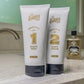 V's Barbershop Original No. 1 Shave Prep and No. 2 Shave Cream tubes on a bathroom counter.