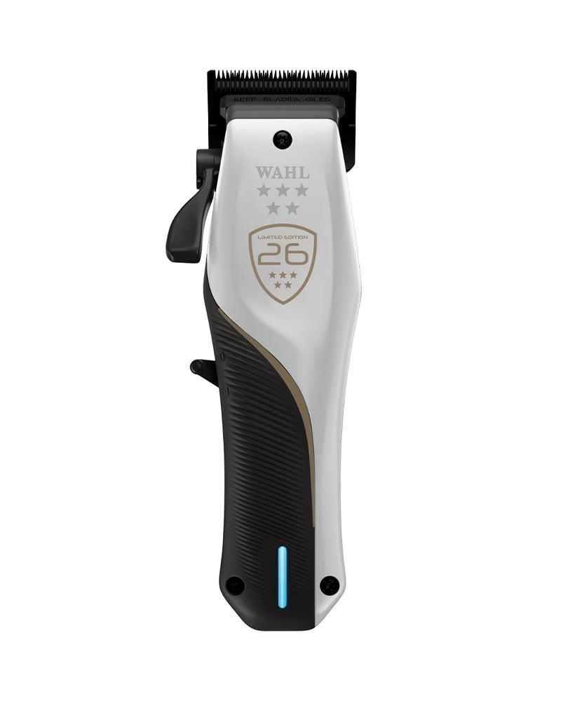 V's Barbershop WAHL 5-Star Vapor CE cordless clipper in white and black with a metal taper lever and fadeout blade.