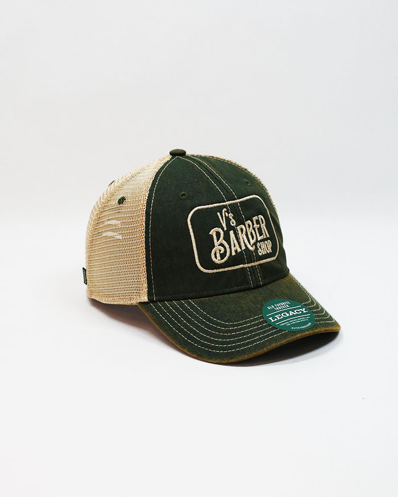 V's BARBERSHOP STACKED LOGO PATCH TRUCKER HAT - GREEN