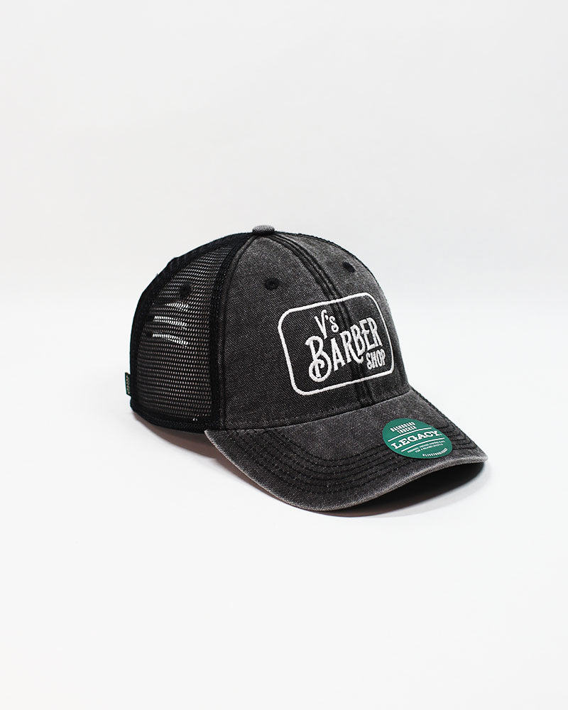 V'S BARBERSHOP STACKED LOGO PATCH TRUCKER HAT - BLACK